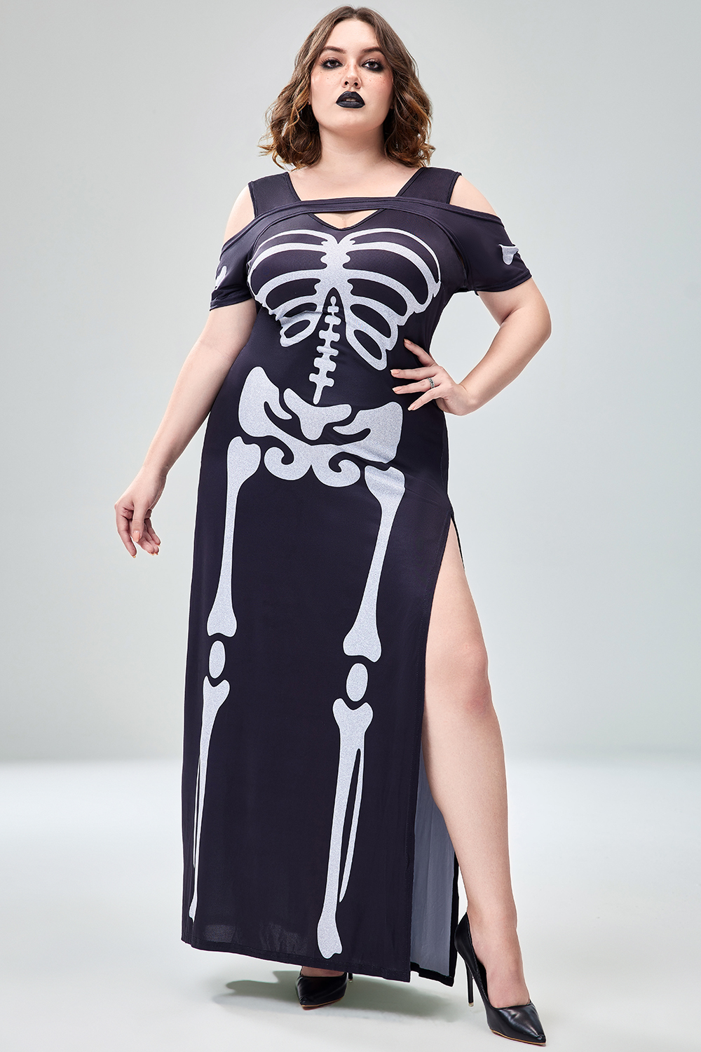 Xpluswear Design Plus Size Halloween Costume Gothic Black Skeleton Print Cold Shoulder Split Knitted Maxi Dress