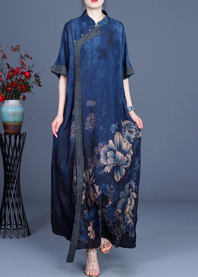 Classy Blue Print Patchwork Oriental Long Dress Summer