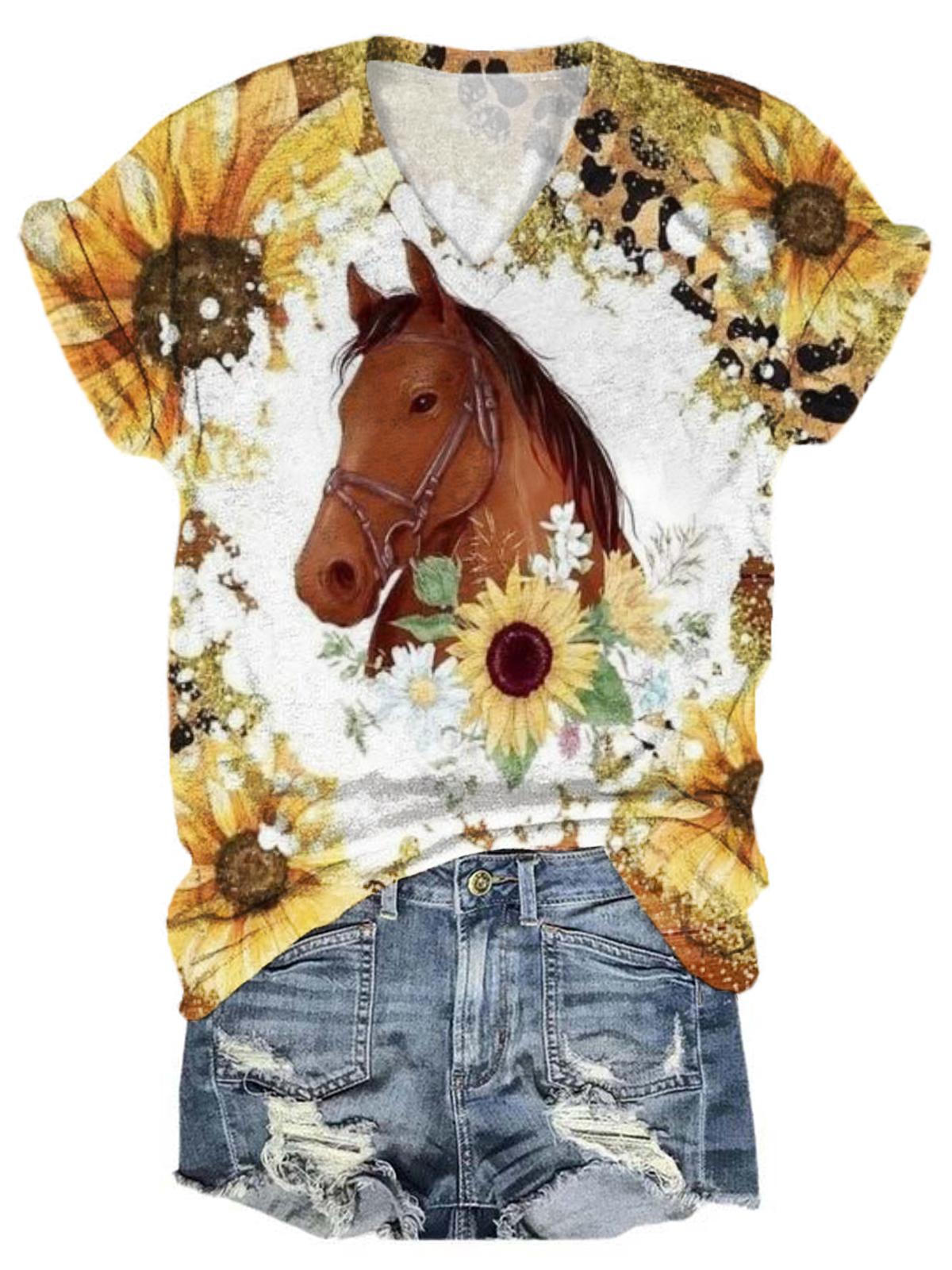 Cow Sunflower Leopard V Neck T-Shirt