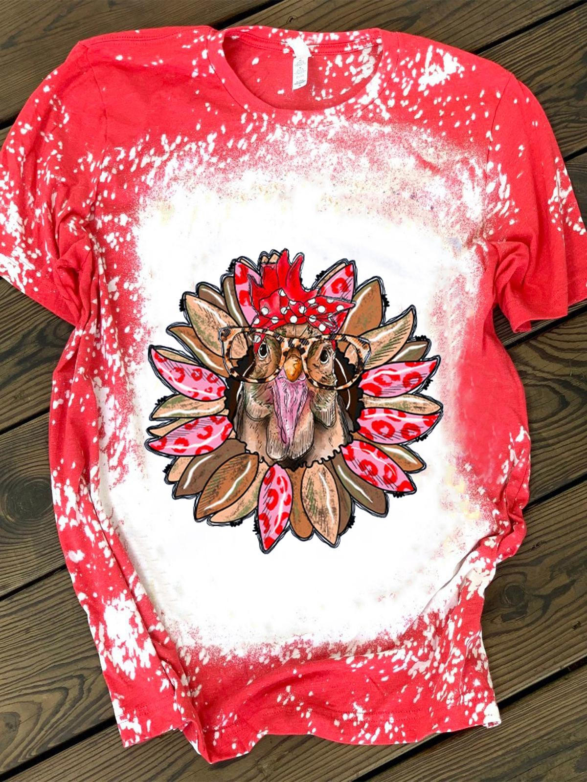 Funny Chicken Print Sunflower Crew Neck T-shirt