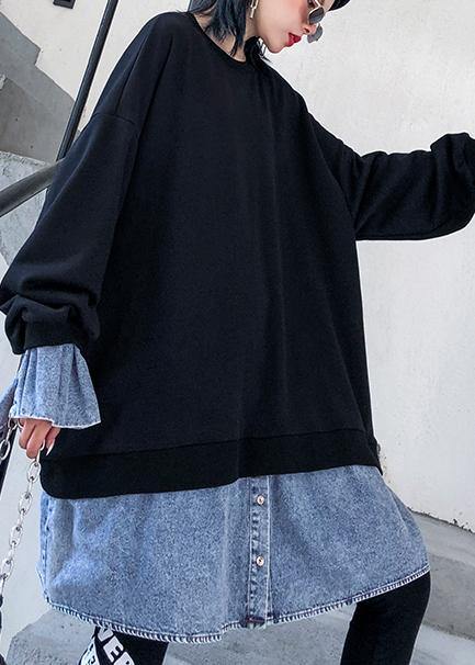 Italian patchwork false two pieces Cotton tunic dress Neckline black Dresses