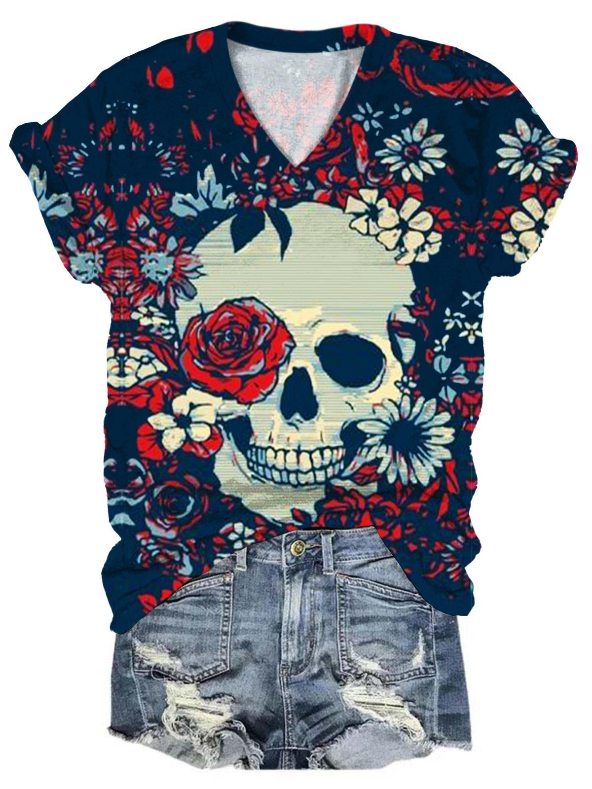 Women's Floral Skull Print V-Neck T-Shirt