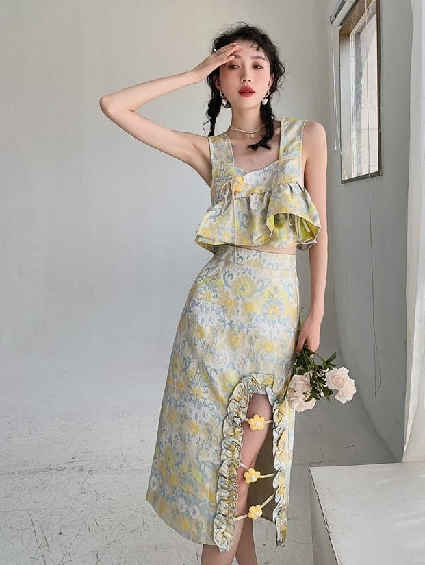 Vintage Chic Luxe Yellow Floral Top & Skirt