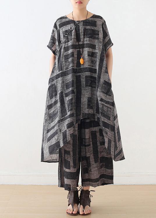 gray prints casual Chiffon two pieces side open tops and elastic waist wide leg pants